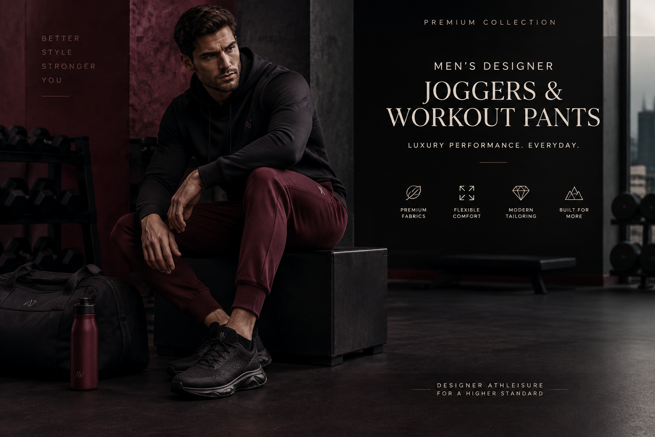 Stylish man wearing premium black and burgundy joggers in a modern gym, showcasing Designer Joggers Workout Pants for Men. Shop Designer Joggers & Workout Pants for Men | Ubalenti NYC.