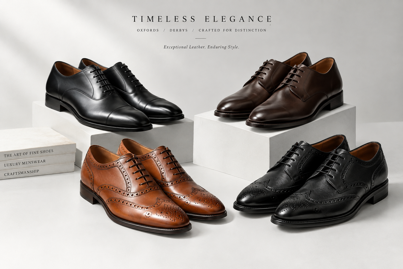Men's Designer Oxfords and Derbies collection featuring black, brown, and tan leather dress shoes displayed on pedestals; Shop Men's Designer Oxfords and Derbies at Urbalenti NYC.