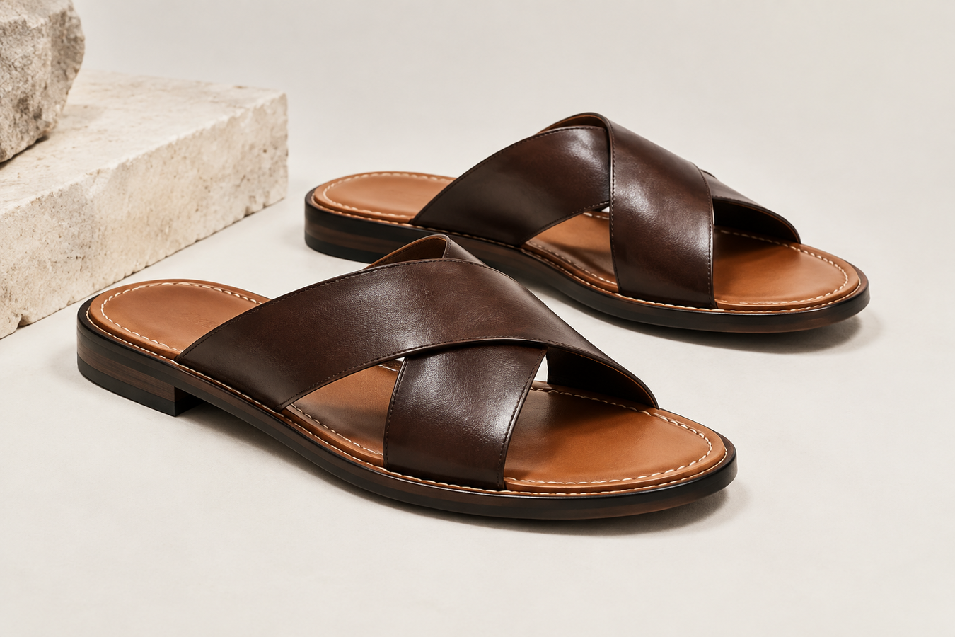 Men's Designer Sandals featuring premium brown leather cross-strap flat sandals, perfect for elevated warm-weather style—Shop Men's Designer Sandals Online at Urbalenti NYC.