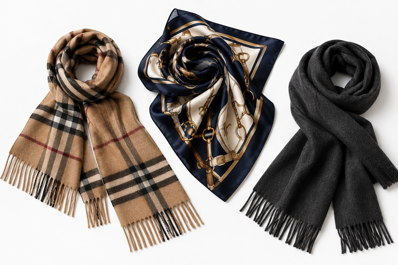 Men's Designer Scarves featuring a tan checked scarf, navy patterned silk foulard, and black fringed wool scarf on a white background—Shop Men's Designer Scarves | Buy Now at Urbalenti NYC