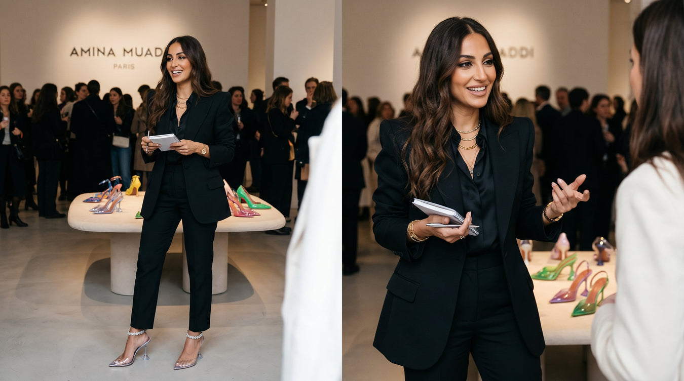 Amina Muaddi showcasing her luxury footwear collection at a stylish event. She is dressed in a chic black suit and interacting with the audience, surrounded by colorful Amina Muaddi shoes displayed on a stylish table.