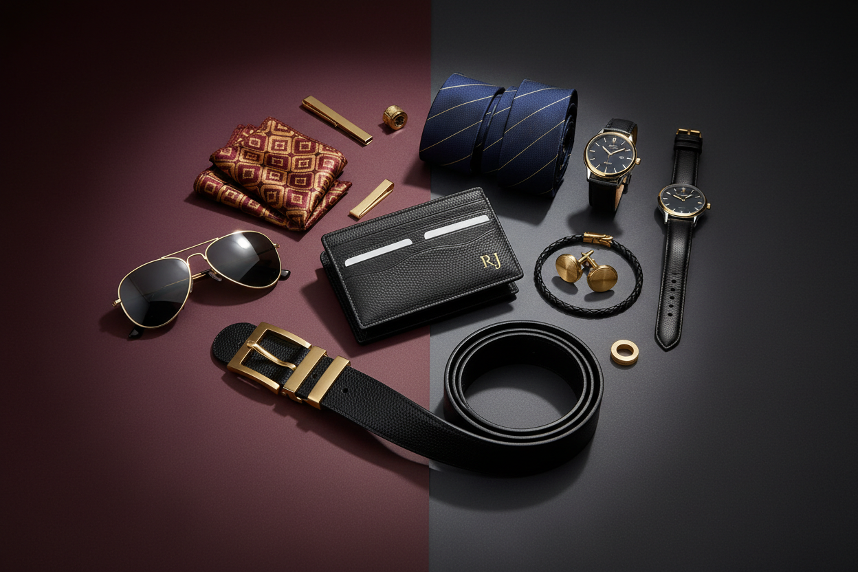 New Arrivals | Designer Accessories for Men featuring luxury leather belts, wallet, sunglasses, watches, cufflinks, and patterned accessories