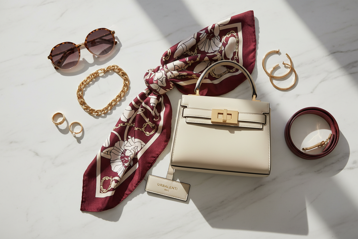 New Arrivals | Designer Accessories for Women ar Urbalenti NYC featuring a cream leather handbag, burgundy patterned silk scarf, sunglasses, gold jewelry, and elegant belts arranged on a marble surface.