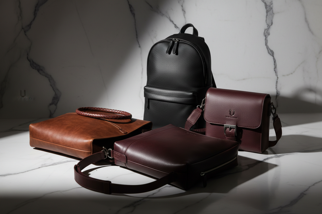 New Arrivals | Designer Bags for Men featuring an elegant collection of black and brown designer backpacks, shoulder bags, and crossbody bags on a marble surface