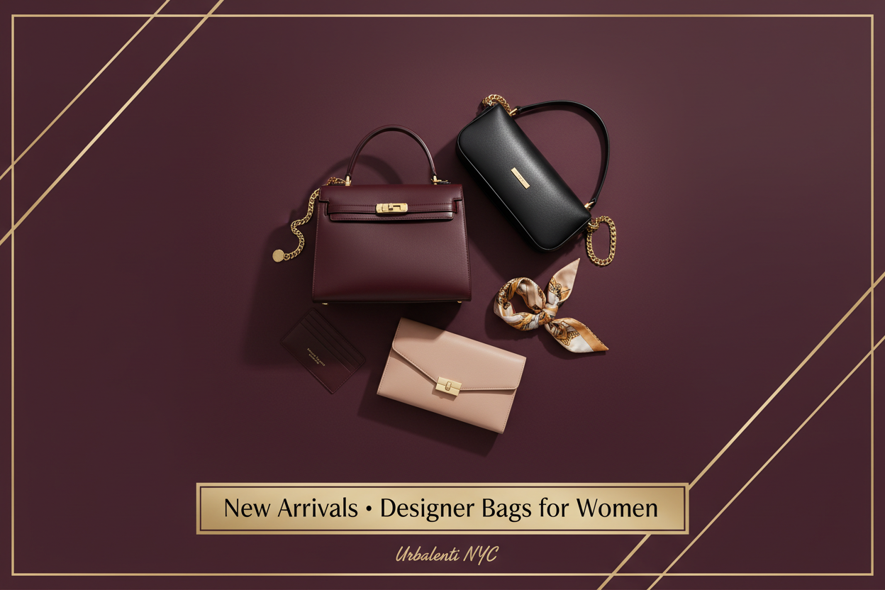 New Arrivals | Designer Bags for Women featuring black, burgundy, and beige luxury handbags with gold hardware, presented in an elegant flat-lay display—Shop New Arrivals | Designer Bags for Women at Urbalenti NYC.