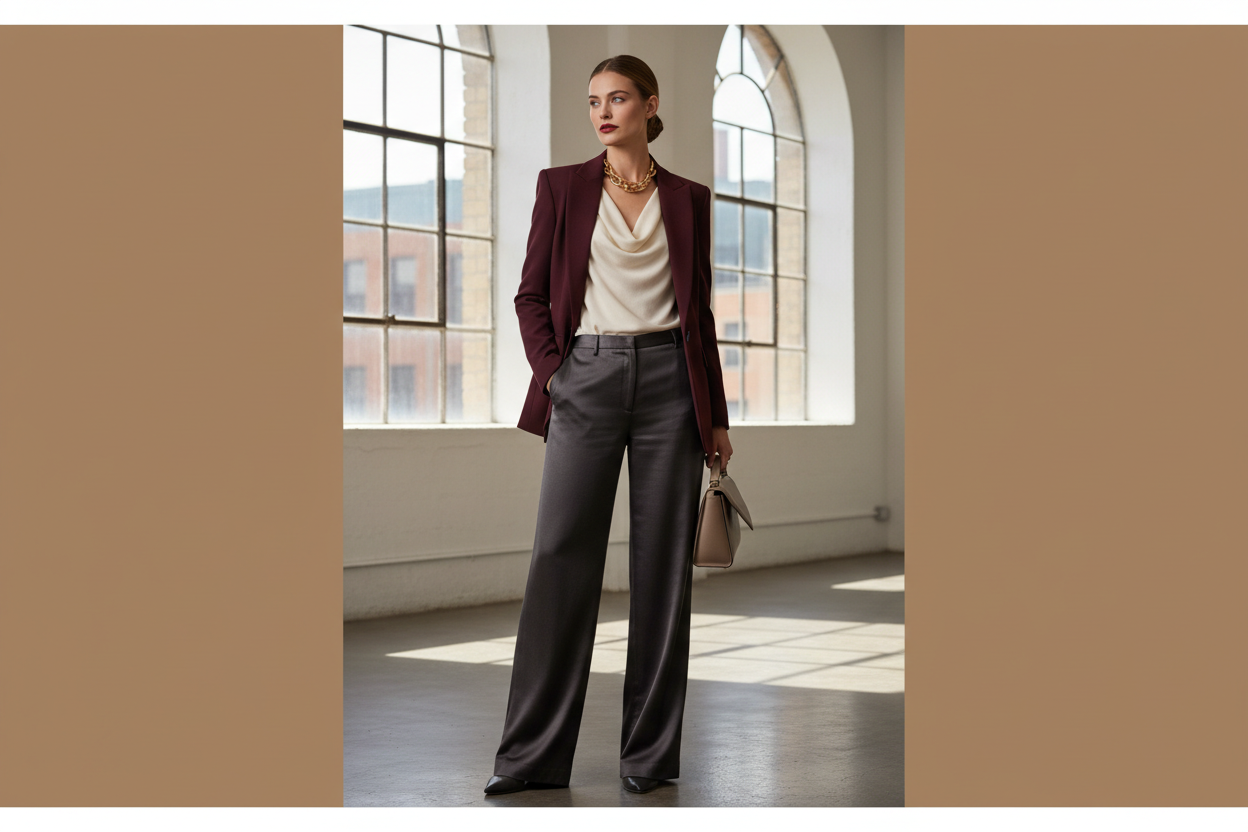 New Arrivals | Designer Clothing for Women featuring a woman in a burgundy blazer, cream draped blouse, dark leather trousers, and handbag in a modern sunlit interior