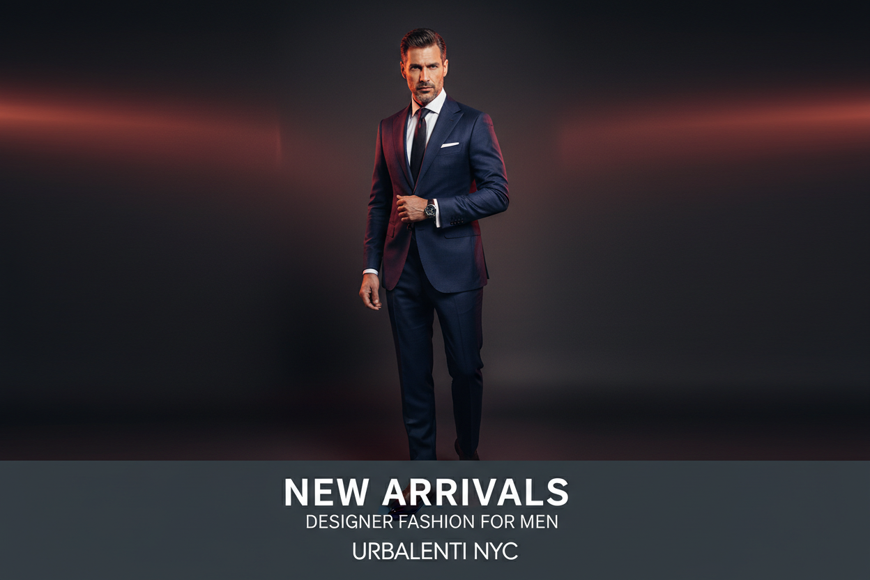 New Arrivals | Men banner featuring a stylish male model in a tailored navy suit, showcasing contemporary designer fashion for men from Urbalent NYC