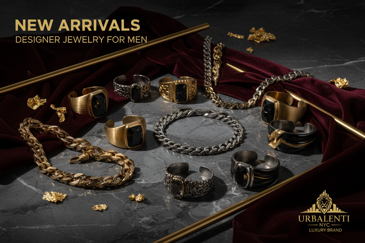 New Arrivals | Designer Jewelry for Men featuring luxury gold and silver rings, bracelets, necklaces, and statement accessories arranged on a dark marble display