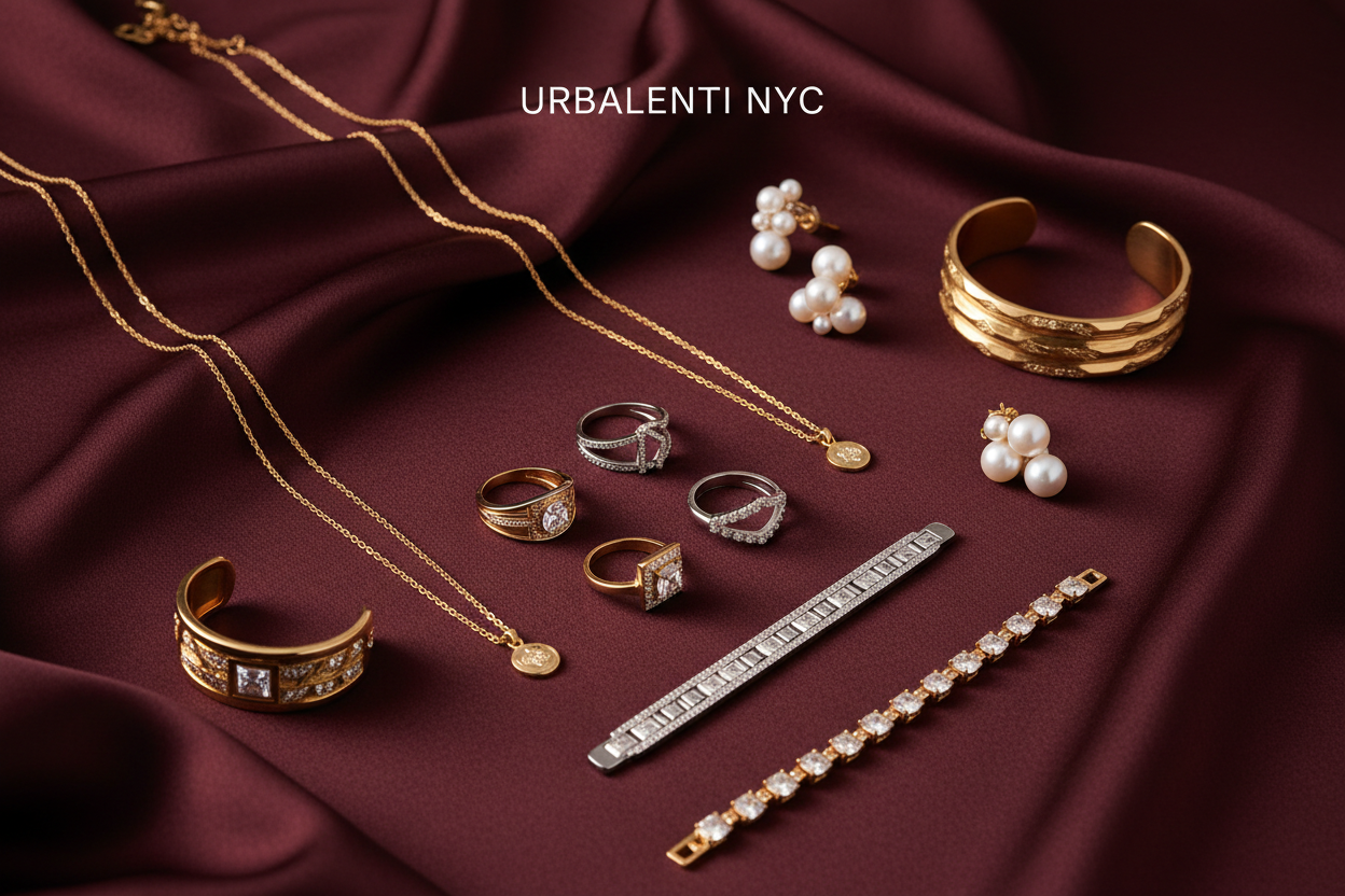 New Arrivals | Designer Jewelry for Women at Urbalenti NYC featuring gold necklaces, statement cuffs, pearl earrings, rings, and crystal bracelets displayed on burgundy satin