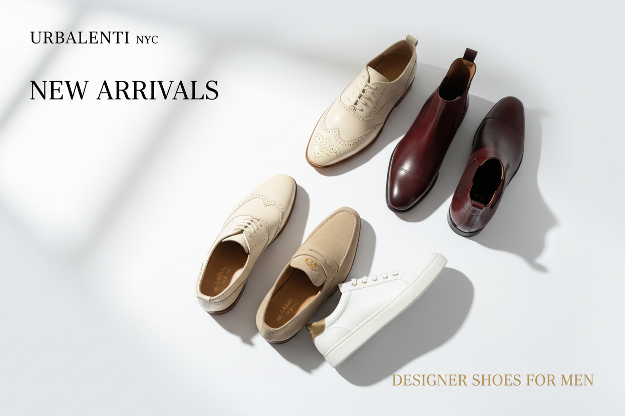 New Arrivals | Designer Shoes for Men featuring a curated flat lay of luxury cream loafers, burgundy leather shoes, black dress shoes, and a white sneaker
