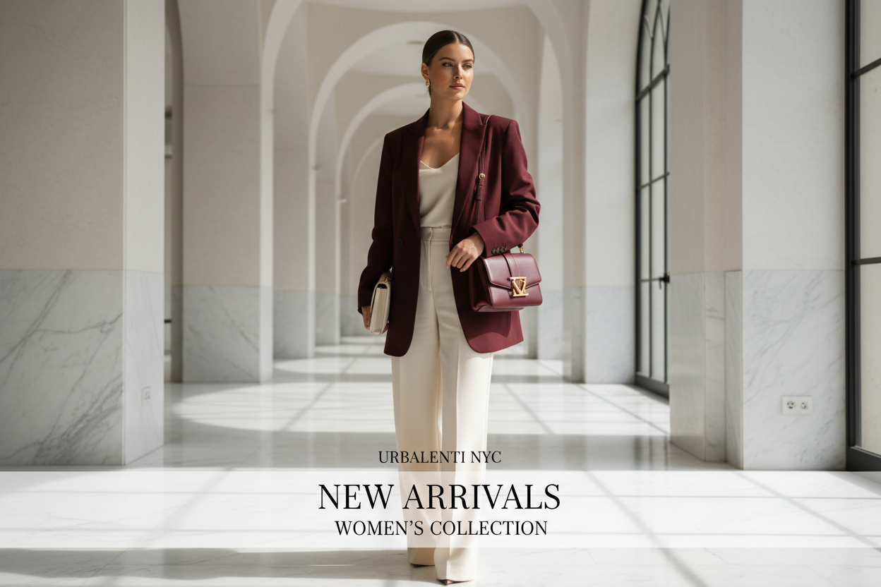 New Arrivals | Women featuring a woman in a burgundy blazer, cream trousers, and luxury shoulder bag in an elegant marble gallery