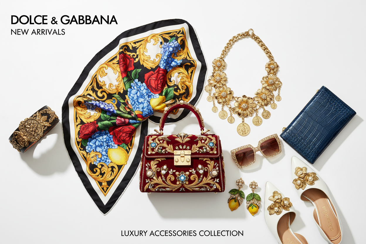 Dolce & Gabbana new arrivals featuring luxurious designer accessories, including a vibrant scarf, statement necklace, elegant handbag, chic sunglasses, and stylish shoes, perfect for enhancing your personal style.