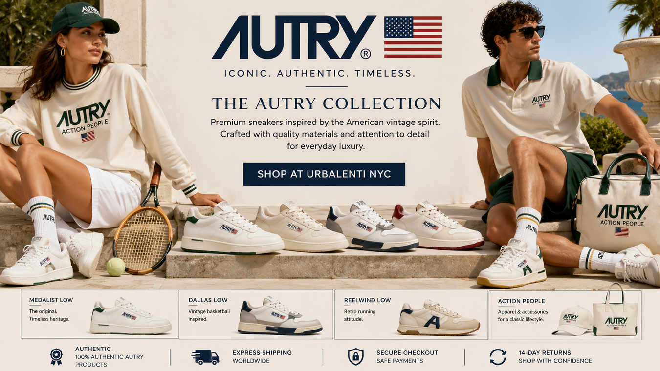 Autry Collection banner featuring models wearing Autry sneakers and apparel alongside a curated sneaker lineup, with the message Shop Autry Collection at Urbalenti NYC.