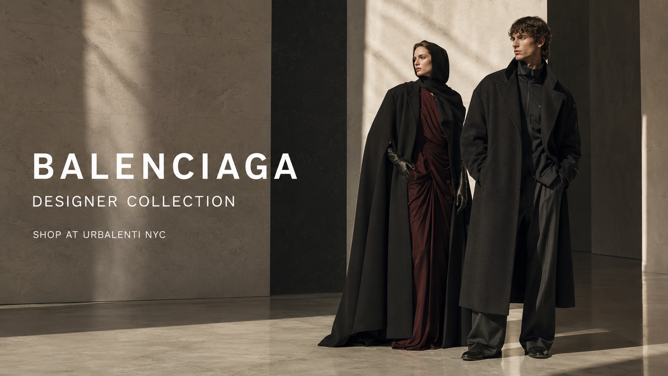 Balenciaga designer collection campaign featuring two models in dramatic black outerwear, with the message Shop Balenciaga Sneakers & Apparel at Urbalenti NYC.