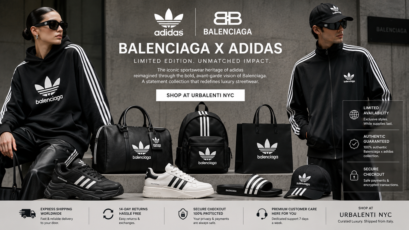 Balenciaga x Adidas campaign featuring models in black athletic apparel, sneakers, caps, and logo bags, showcasing the designer sportswear collection. Balenciaga x Adidas: Shop Now at Urbalenti NYC.