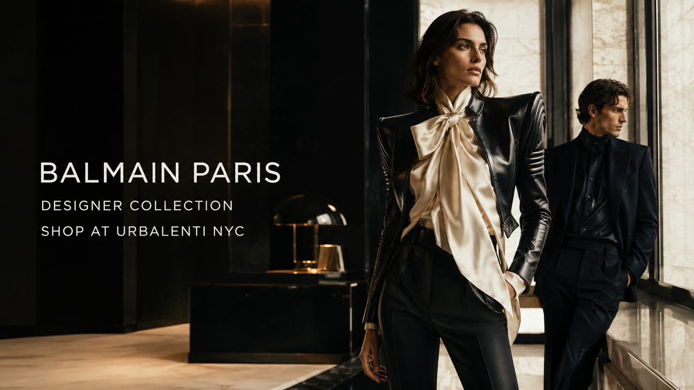 Balmain Paris designer collection featuring a woman in a black leather jacket and satin blouse with a man in tailored black fashion, showcased in a modern luxury setting—Shop Balmain Paris Styles Today at Urbalenti NYC.