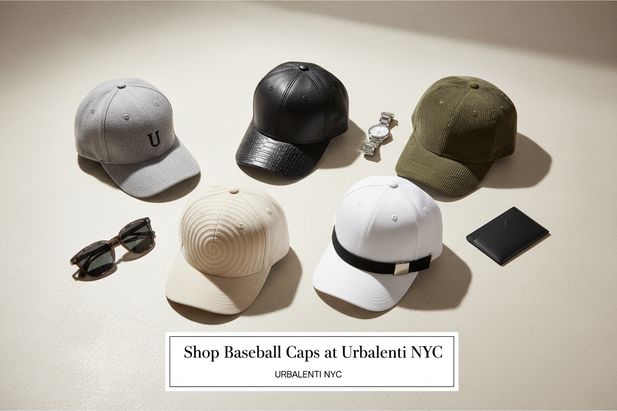 Designer Baseball Caps collection featuring gray, black, olive, cream, and white luxury baseball hats styled with sunglasses and accessories