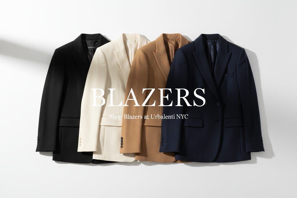 Blazers collection featuring luxury designer black, ivory, tan, and navy blazers displayed together. Shop Luxury Designer Blazers at Urbalenti NYC.