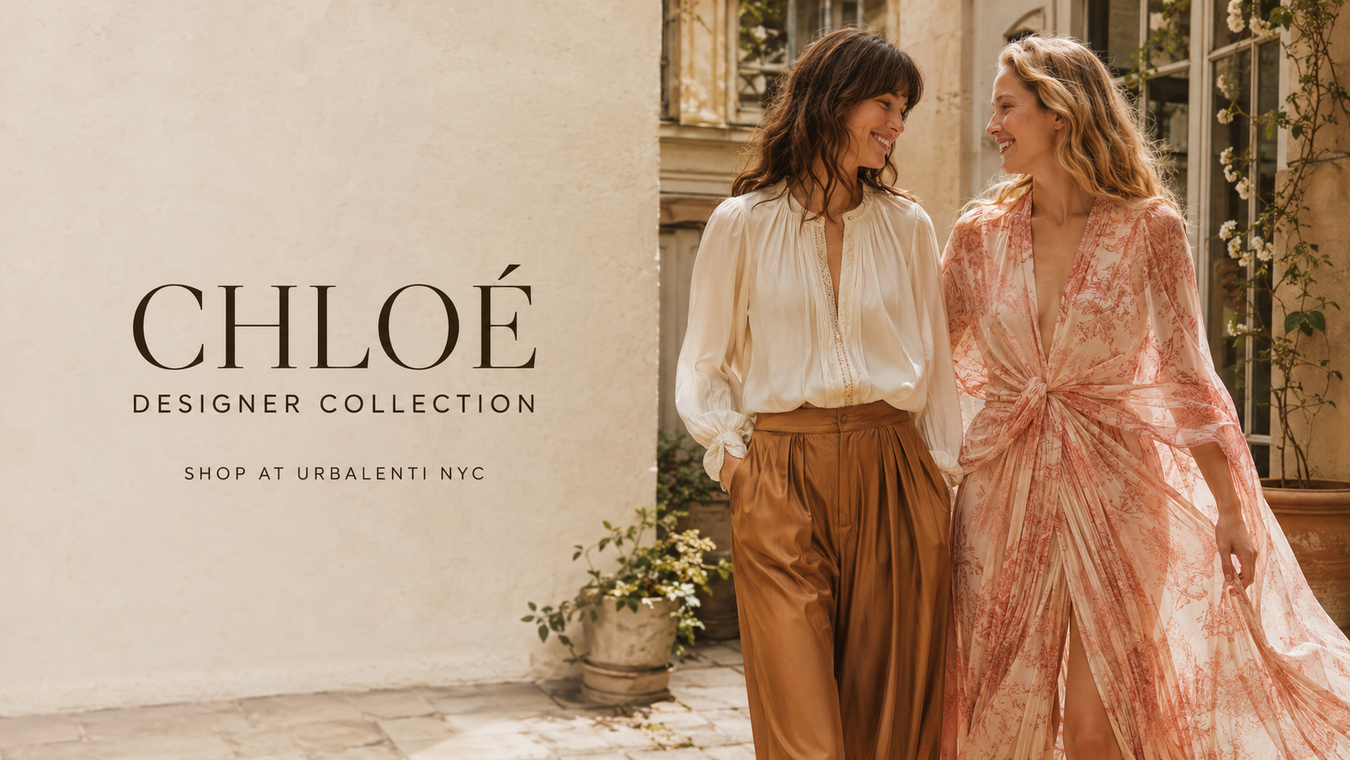 Chloé designer collection featuring two women in elegant neutral and coral dresses, showcasing timeless luxury fashion—Shop Chloé Luxury Fashion & Accessories at Urbalenti NYC.