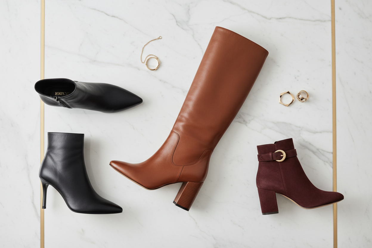 Designer Boots collection featuring black, brown over-the-knee, and burgundy ankle boots arranged on a marble background—Shop Designer Boots | Explore Now at Urbalenti NYC.