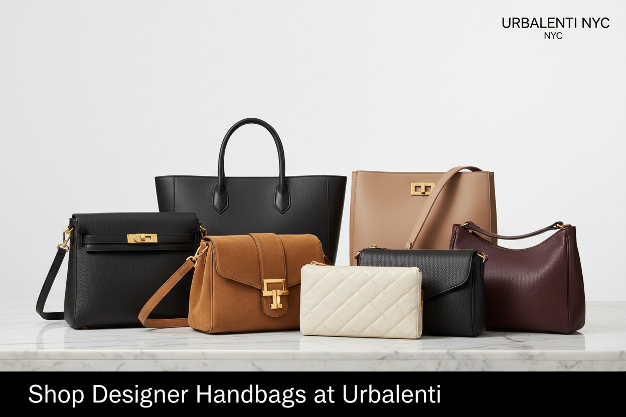 Designer Handbags collection featuring black, brown, beige, cream, and burgundy handbags displayed together; Shop online shipped from Italy Designer Handbags for Men and Women at Urbalenti.