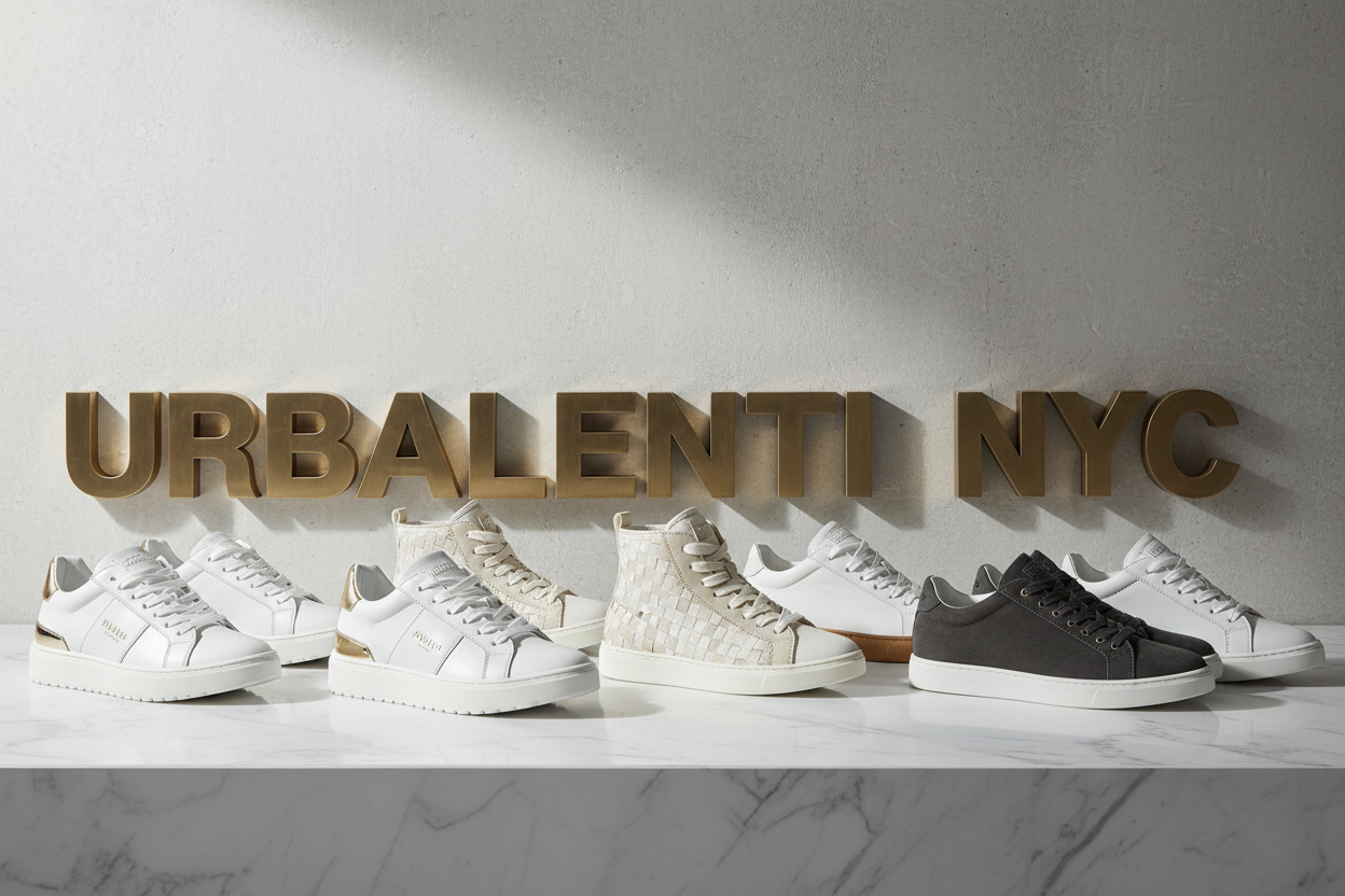 Designer Sneakers collection featuring white, beige, and black low-top styles displayed on a marble shelf beneath the URBALENTI NYC sign; Shop online Designer Sneakers for men and Women shipped from Italy at Urbalenti.