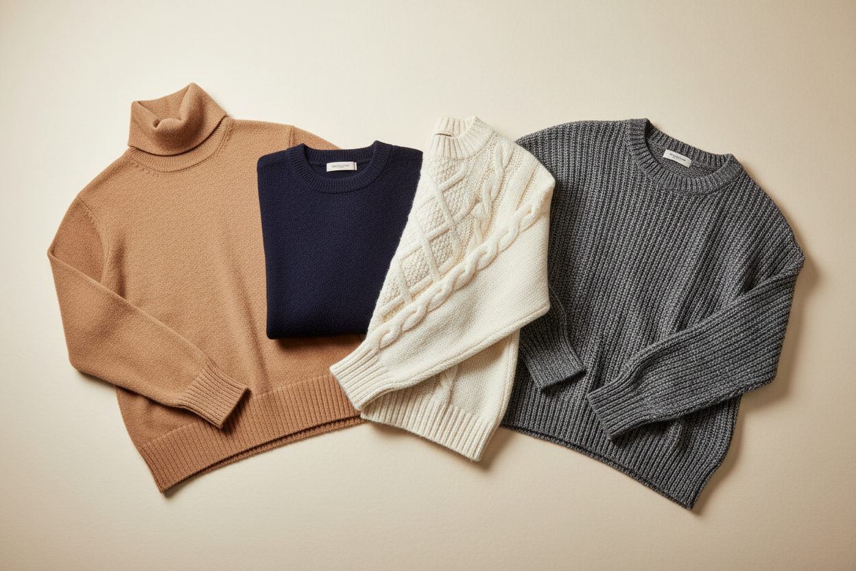 Designer Sweaters collection featuring beige turtleneck, navy knit, cream cable-knit and charcoal gray sweaters for men and women—Shop online shipped from Italy Designer Sweaters for Men and Women at Urbalenti.