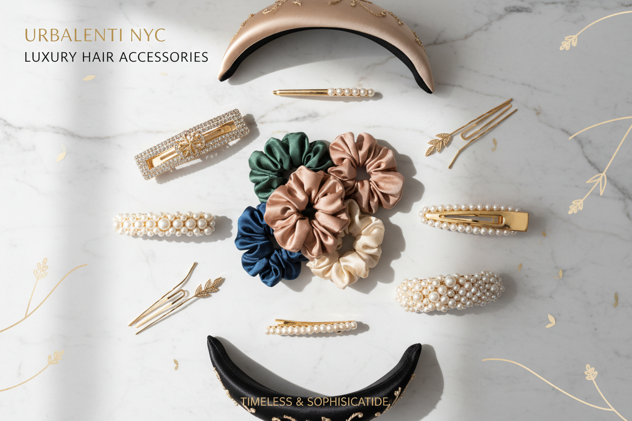 Hair Accessories collection featuring elegant silk scrunchies, pearl hair clips, gold barrettes, decorative hairpins, and luxury headbands arranged on a marble background