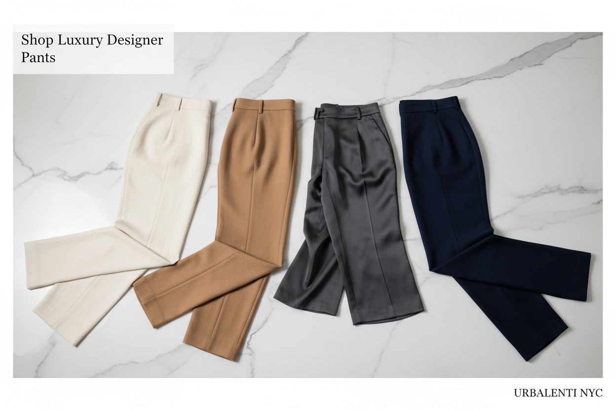 Designer Pants in cream, tan, gray, and navy styles displayed on marble, featuring elegant tailored silhouettes for men and women—shop online Designer Pants for Men and Women at Urbalenti.