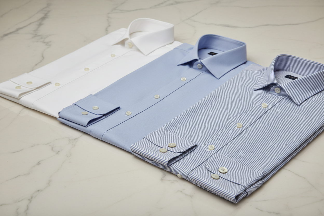 Designer Shirts featuring folded white, light blue, and striped button-down dress shirts on a marble surface. Shop Designer Shirts for men and women at Urbalenti.