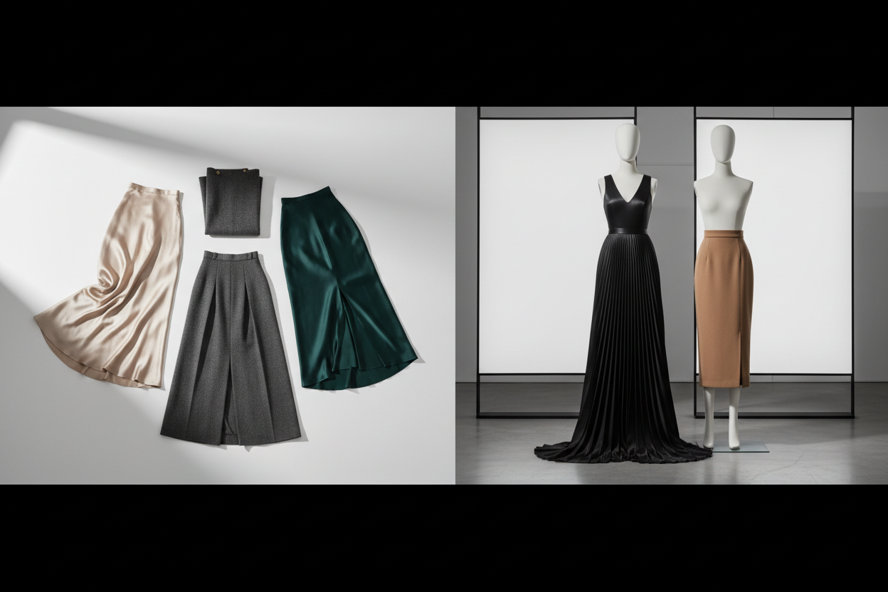 Designer Skirts collection featuring satin, pleated, maxi and long skirts displayed on a fashion flat lay and mannequins — Shop online Designer Skirts for Men and Women at Urbalenti.