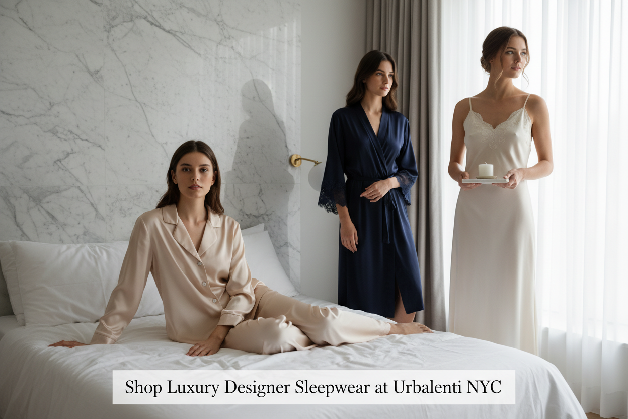 Designer Sleepwear collection featuring women in elegant silk robes and a satin nightgown in a luxury bedroom — Shop Designer Sleepwear for men and women at Urbalenti.