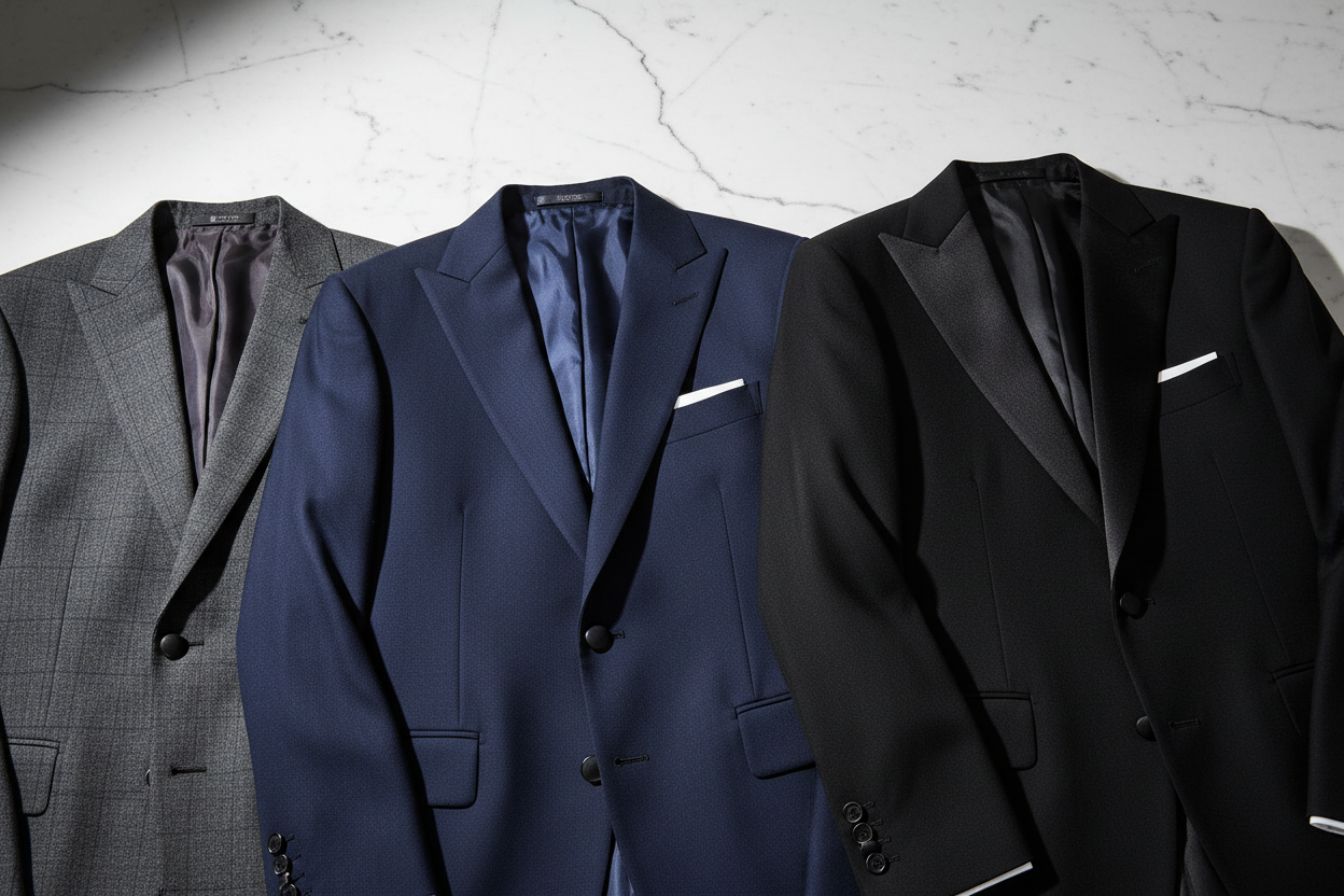 Designer Suits featuring tailored gray, navy, and black blazers for men; Shop online from Italy Designer Suits for Men And Women at urbalenti.