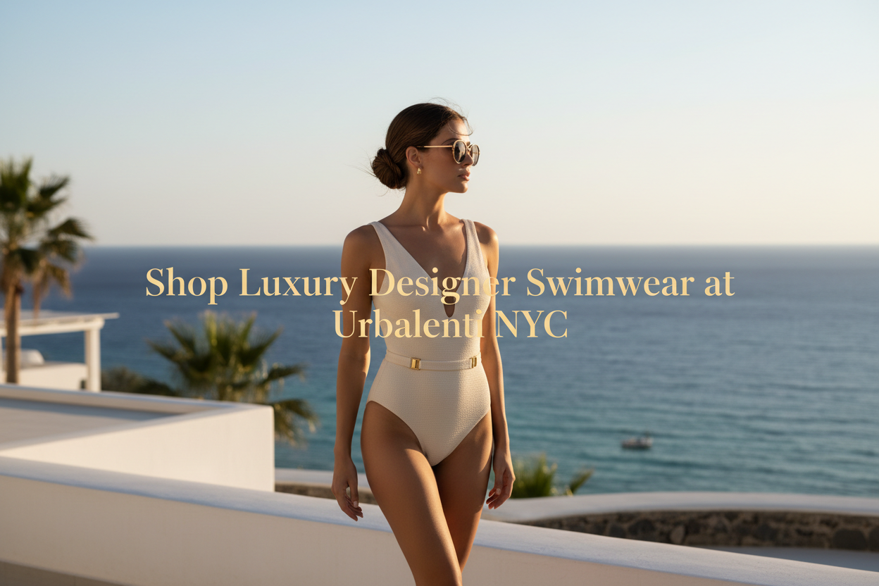 Designer Swimwear for Men and Women featuring a woman in a luxury one-piece swimsuit overlooking the ocean—shop online shipped from Europe Designer Swimwear for Men and Women at Urbalenti.