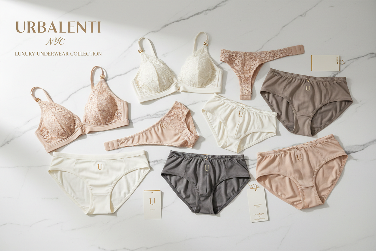 Designer Underwear collection featuring luxury lace bras, briefs, and neutral-toned lingerie arranged on marble; Shop online shipped from Europe Designer Underwear for Men and Women at Urbalenti.
