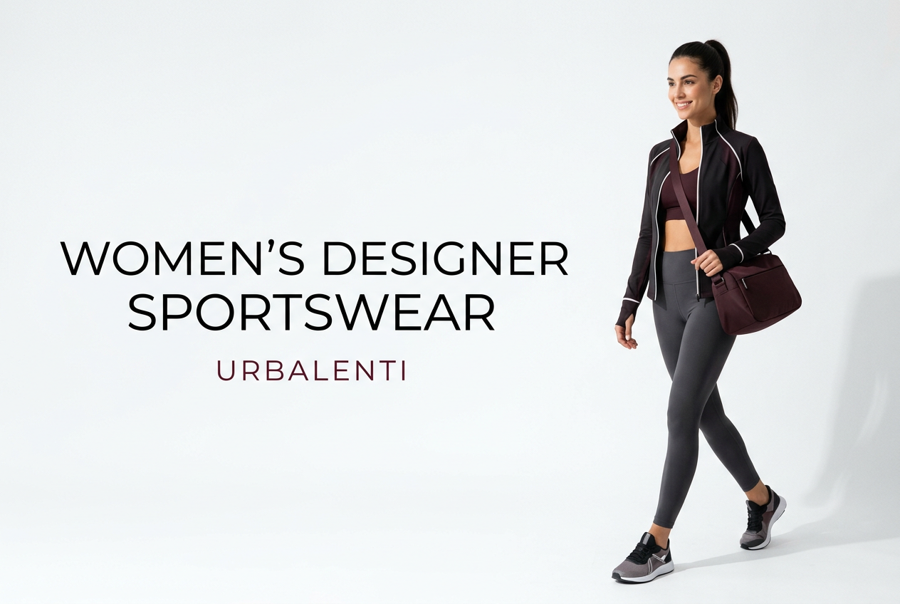 Women's Designer Sportswear campaign featuring a woman in a black athletic jacket, crop top, leggings, and sneakers—Shop Women's Designer Sportswear at Urbalenti.