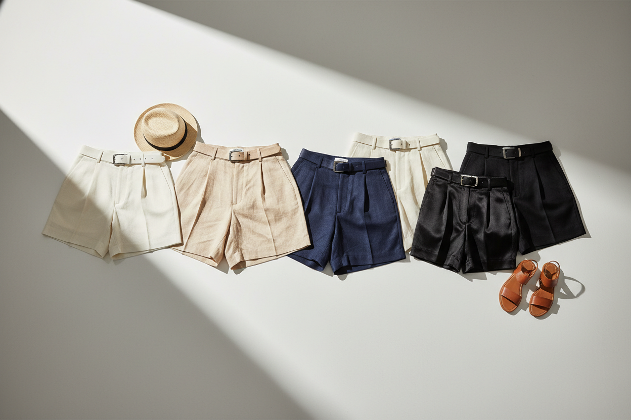 Designer Shorts collection featuring beige, cream, navy, and black styles arranged with a sun hat and sandals; shop online shipped from Italy Designer Shorts for Men and Women at urbalenti.