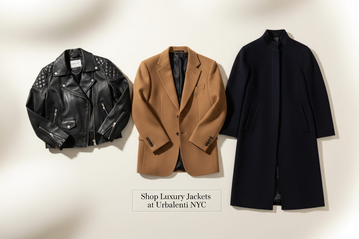 Designer Jackets collection featuring a black leather biker jacket, tan blazer, and navy long coat for men and women. Shop Designer Jackets for Men and Women shipped from Italy at Urbalenti.