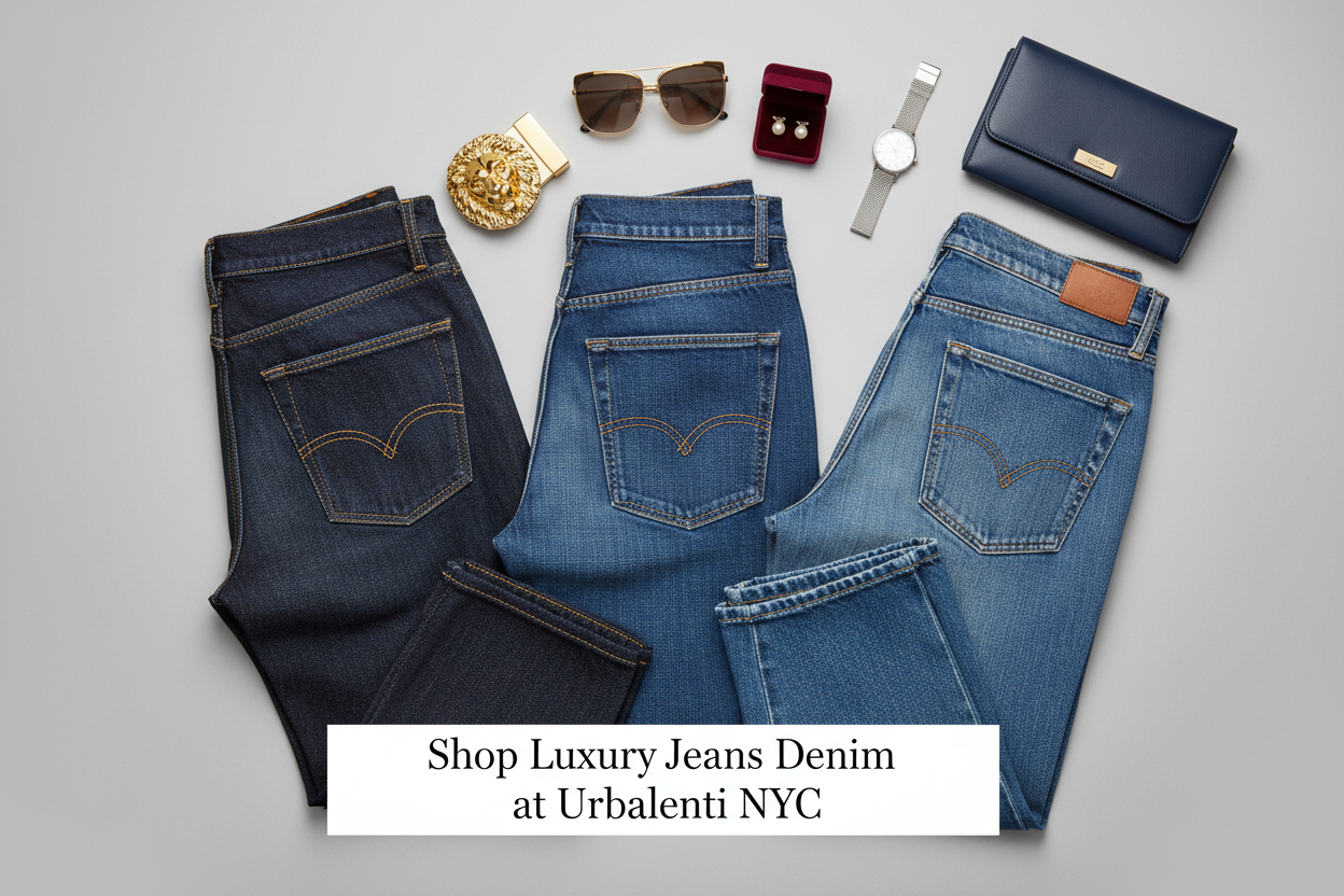 Shop online shipped from Europe Designer Jeans Denim for Men and Women at Urbalenti, featuring luxury blue and black jeans styled with designer accessories.