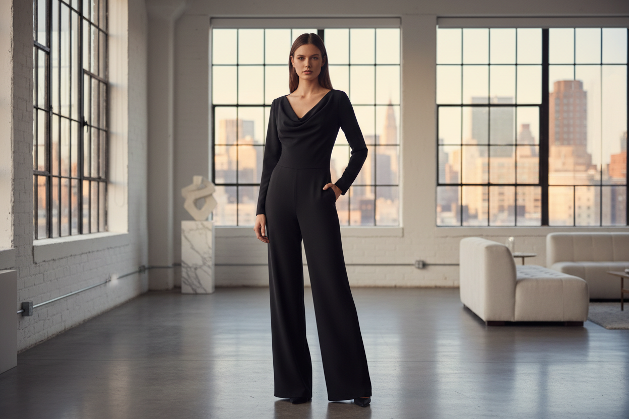 Designer Jumpsuits featuring a woman in an elegant black one-piece jumpsuit in a modern loft; shop online Designer Jumpsuits for Men and Women at Urbalenti.