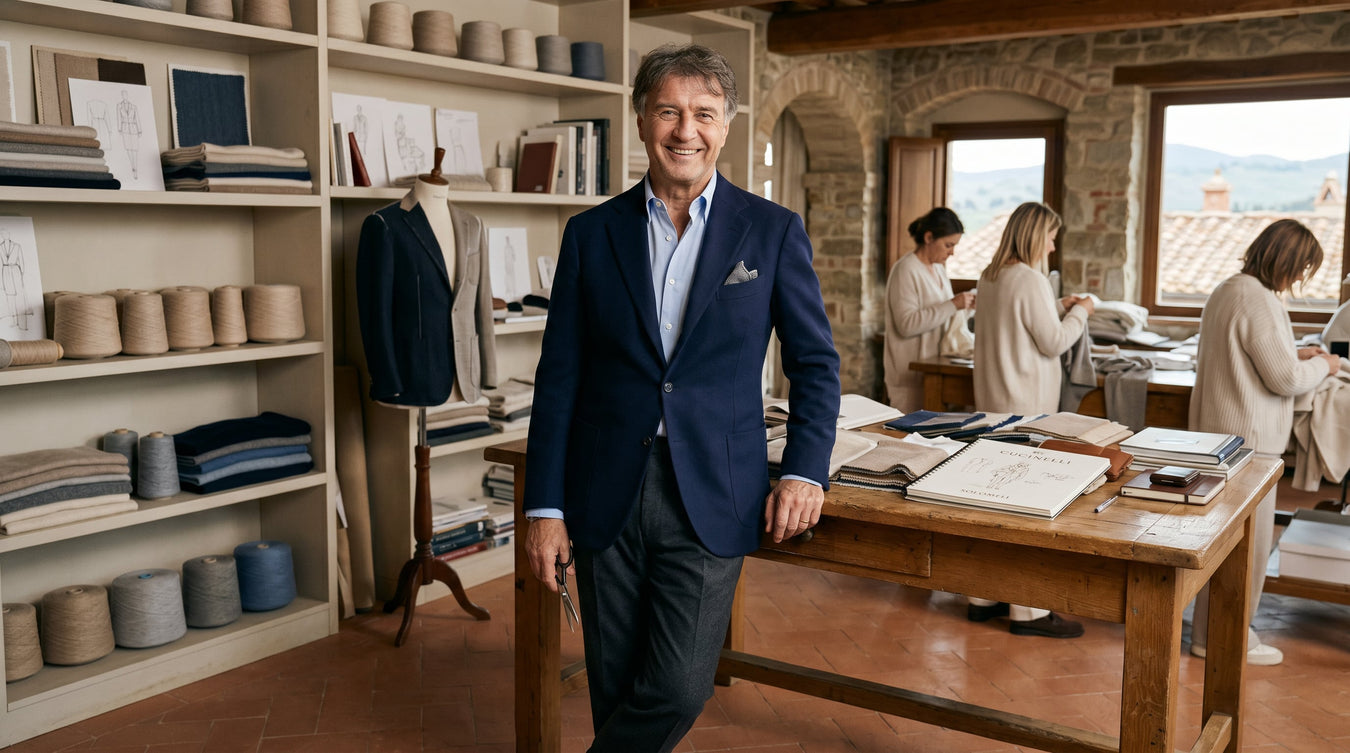 Brunello Cucinelli — An elegant depiction of artisanal craftsmanship in a serene workspace featuring the founder of Brunello Cucinelli, surrounded by premium textiles and designs, showcasing the essence of Italian luxury.