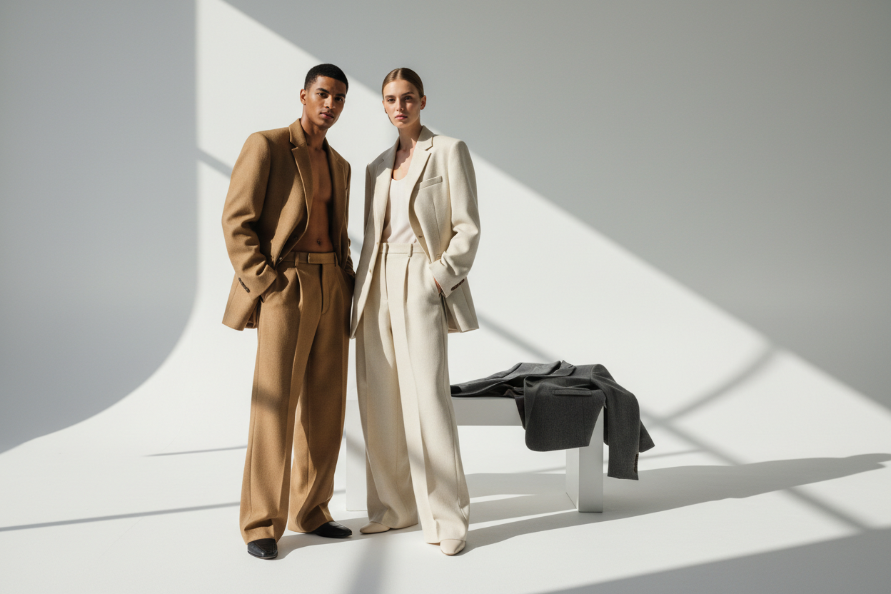 Unisex fashion collection featuring two models in tailored suits, showcasing elevated basics and timeless silhouettes in a stylish setting. Highlighting the inclusive nature of designer pieces offered for all.