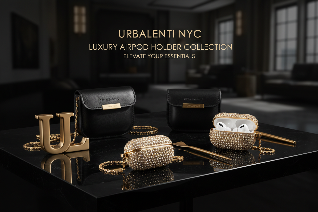 AIRPOD HOLDERS luxury collection featuring black leather and rhinestone AirPod cases with wireless earbuds displayed on a sleek black table at Urbalenti NYC