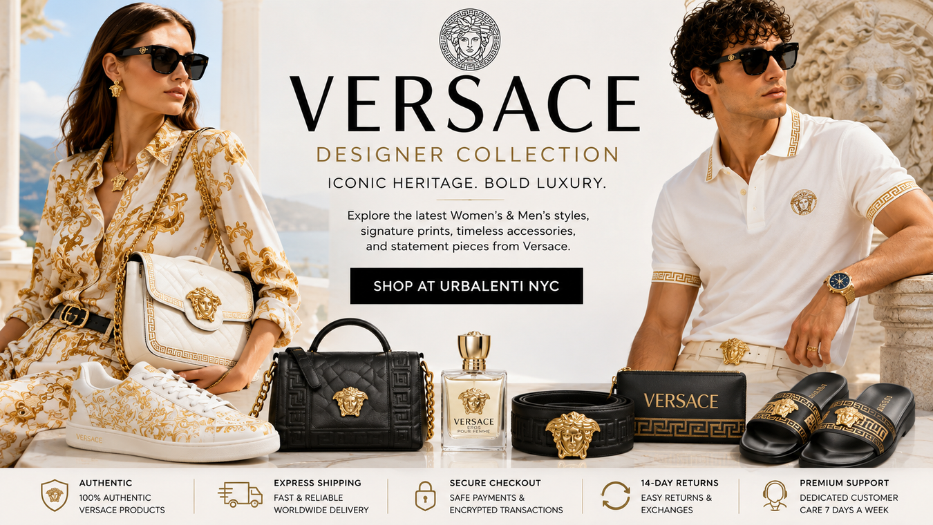 Versace Collection at Urbalenti NYC featuring luxury designer fashion, including a woman in a printed outfit, a man in a white polo shirt, leather handbags, sneakers, fragrance, and Medusa accessories