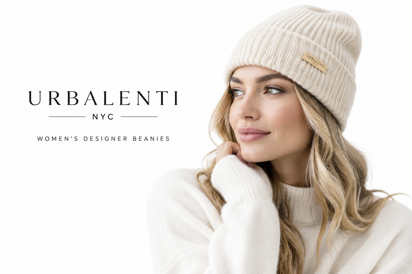 Woman wearing a cream ribbed knit beanie and cozy sweater, showcasing Women's Designer Beanies. Shop Women's Designer Beanies at Urbalenti NYC.