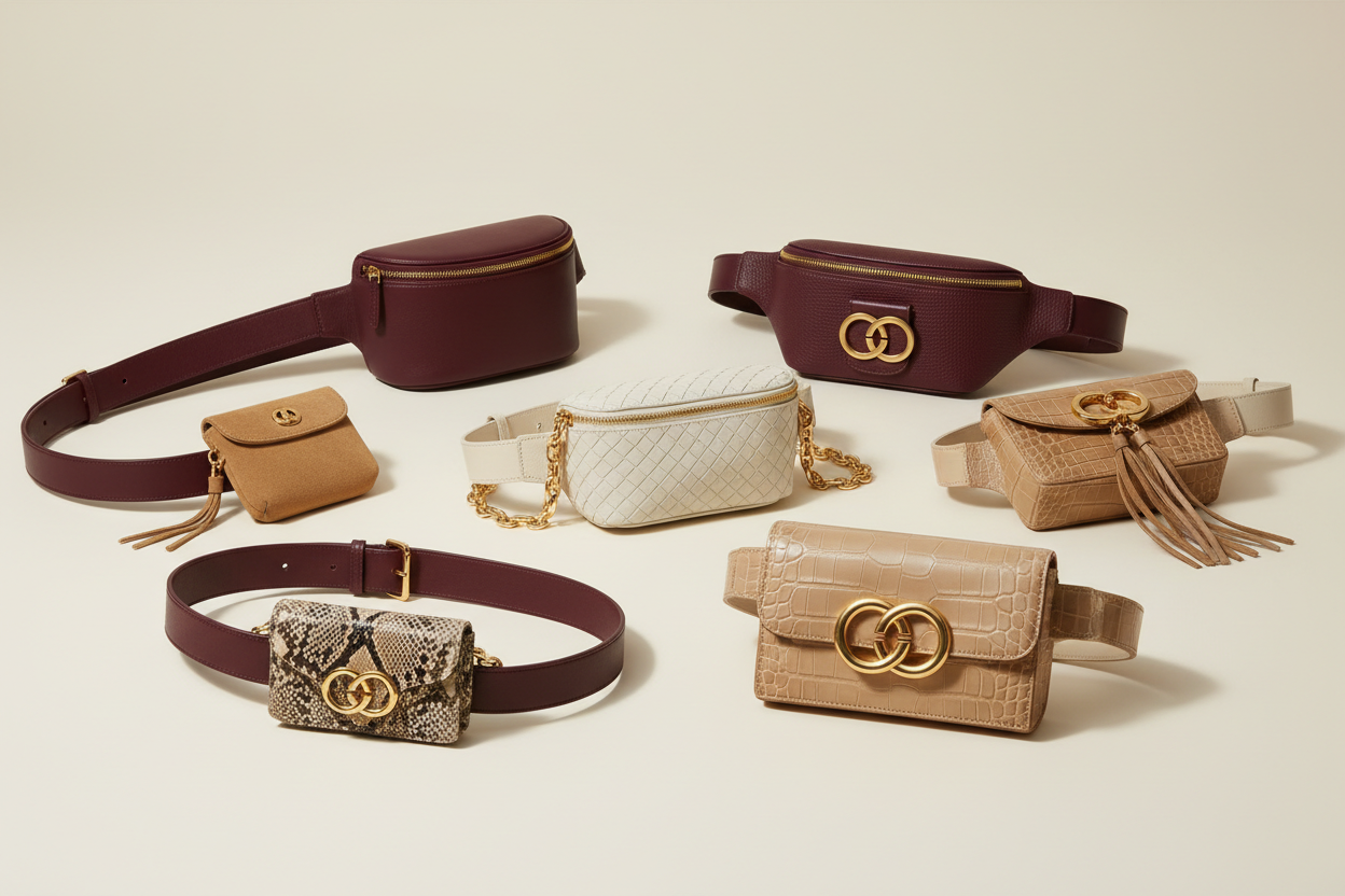 Women's Designer Belt Bags collection featuring luxury burgundy, beige, cream, and textured leather waist bags with gold-tone accents—Shop Women's Designer Belt Bags at Urbalenti NYC.