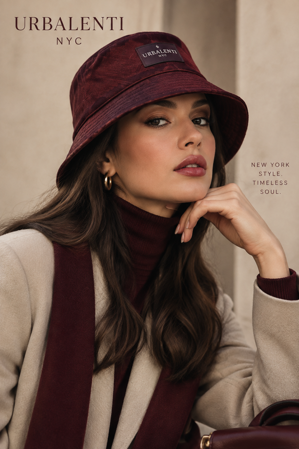 Woman wearing a burgundy designer bucket hat in a luxury fashion portrait for Women's Designer Bucket Hats—Shop Women's Designer Bucket Hats at Urbalenti NYC.