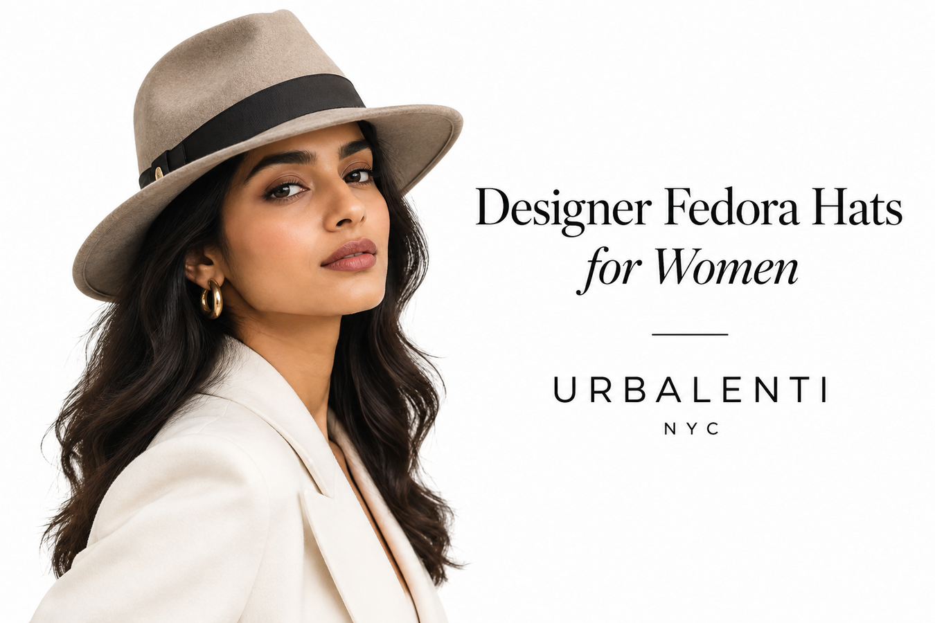 Woman wearing a taupe wool fedora and white blazer, featured in Designer Fedora Hats for Women | Shop at Urbalenti NYC.