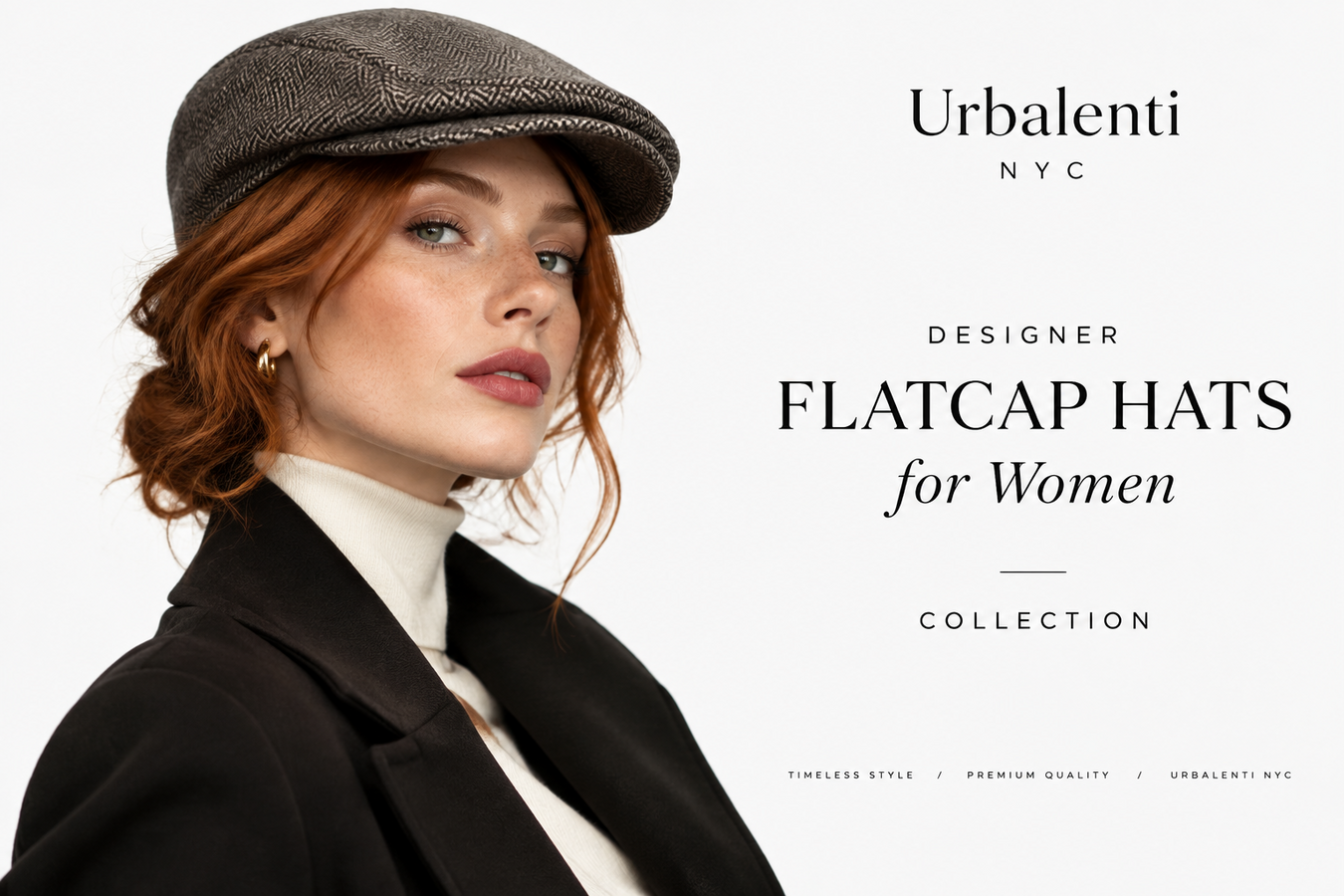 A red-haired woman wearing a stylish brown flatcap with a black blazer and cream turtleneck, showcasing Designer Flatcap Hats for Women | Shop at Urbalenti NYC.