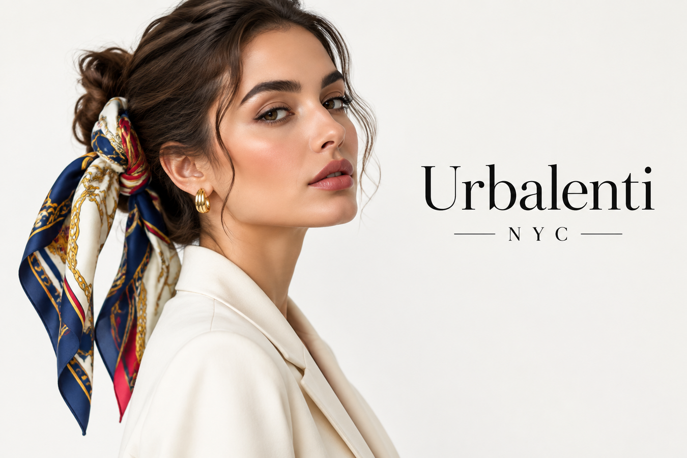 Designer foulard for Women's Hairstyle at Urbalenti NYC, featuring a woman wearing a luxurious multicolor silk scarf tied elegantly around her updo.